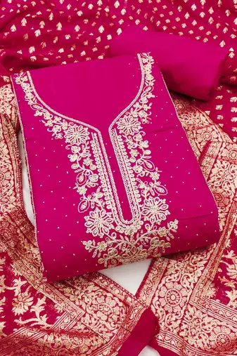 Magenta roman cotton embroidered unstitched dress material