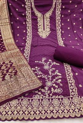Wine roman cotton embroidered unstitched dress material 3