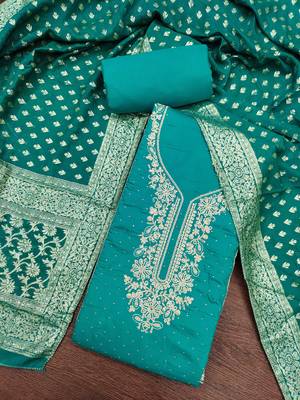 Turquoise roman cotton embroidered unstitched dress material 1