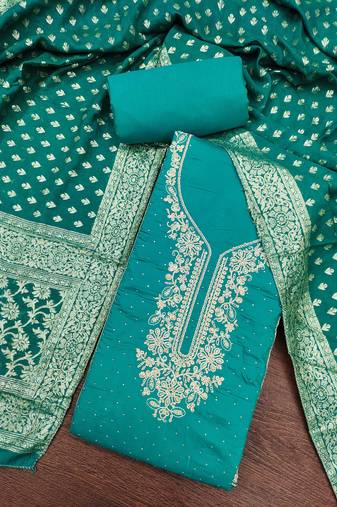 Turquoise roman cotton embroidered unstitched dress material