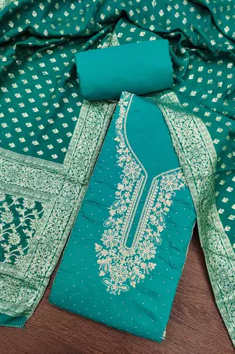 Turquoise roman cotton embroidered unstitched dress material