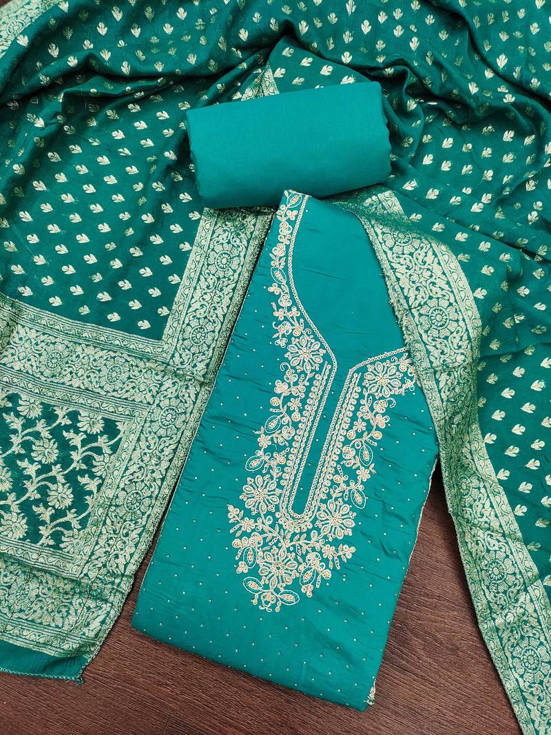 Turquoise roman cotton embroidered unstitched dress material