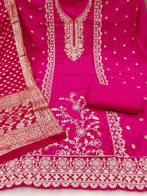 Magenta roman cotton embroidered unstitched dress material 3