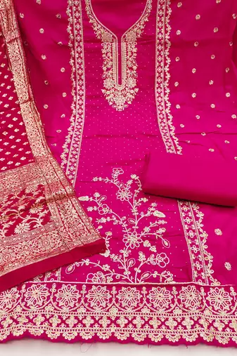 Magenta roman cotton embroidered unstitched dress material