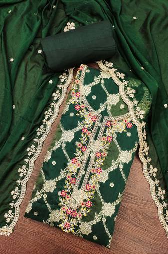 Dark green cotton silk woven unstitched dress material