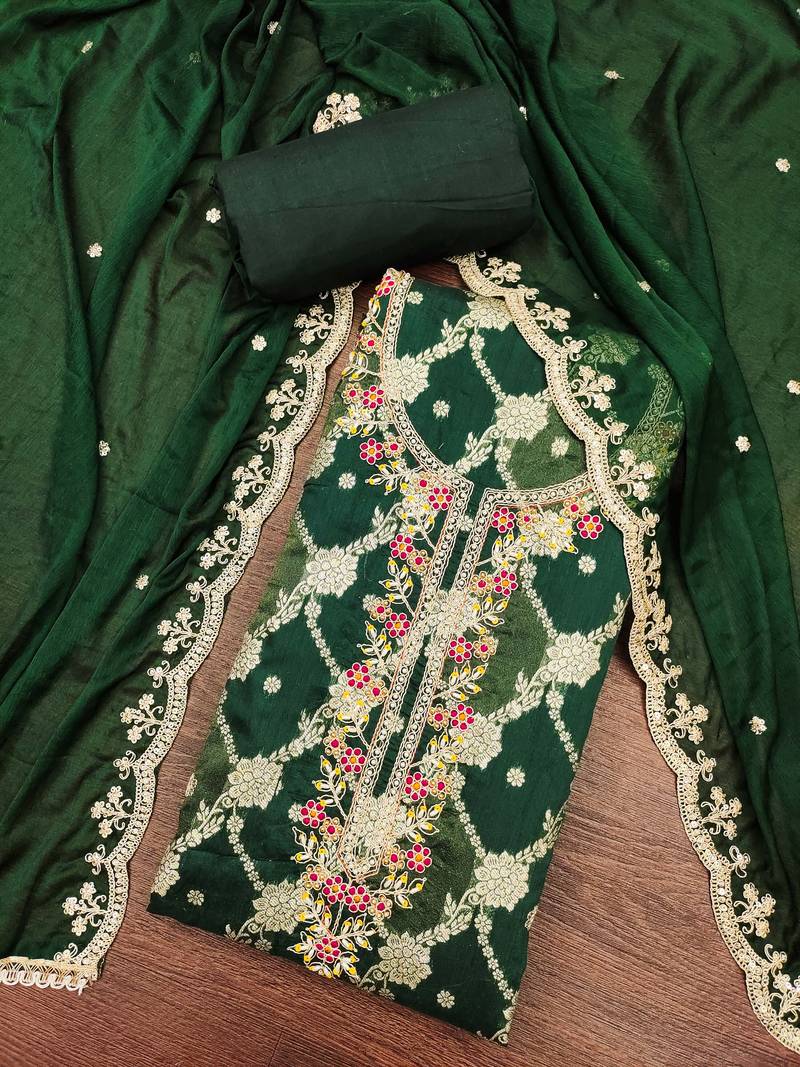 Dark green cotton silk woven unstitched dress material