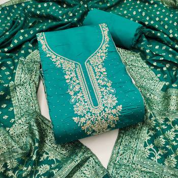Turquoise roman cotton embroidered unstitched dress material 2