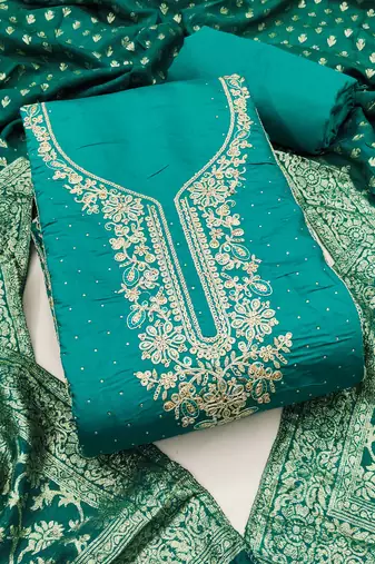 Turquoise roman cotton embroidered unstitched dress material