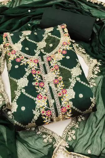 Dark green cotton silk woven unstitched dress material