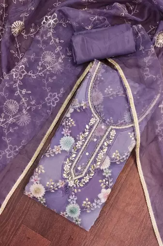 Lavender organza printed unstitched dress material