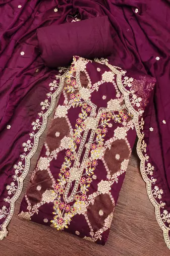 Wine cotton silk woven unstitched dress material