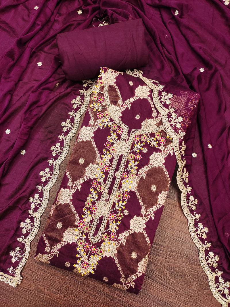 Wine cotton silk woven unstitched dress material