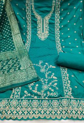Turquoise roman cotton embroidered unstitched dress material 3