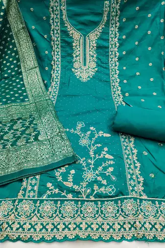 Turquoise roman cotton embroidered unstitched dress material