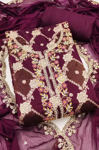 Wine cotton silk woven unstitched dress material