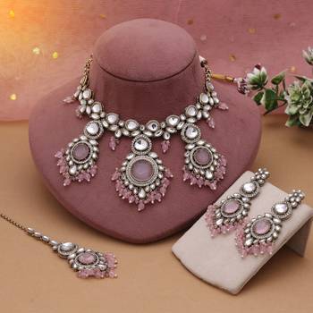 Pink color kundan necklace set 2