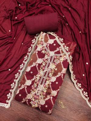 Maroon cotton silk woven unstitched dress material 1
