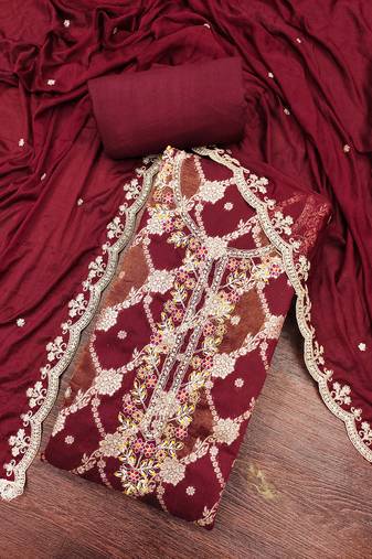 Maroon cotton silk woven unstitched dress material