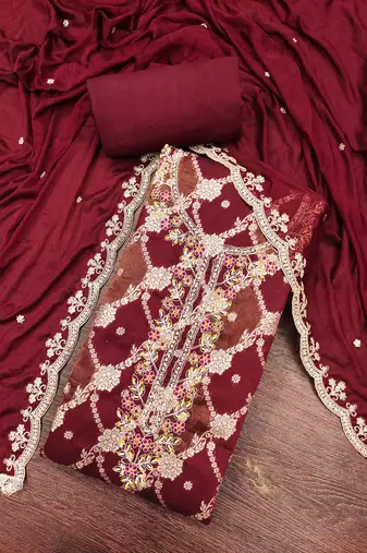 Maroon cotton silk woven unstitched dress material