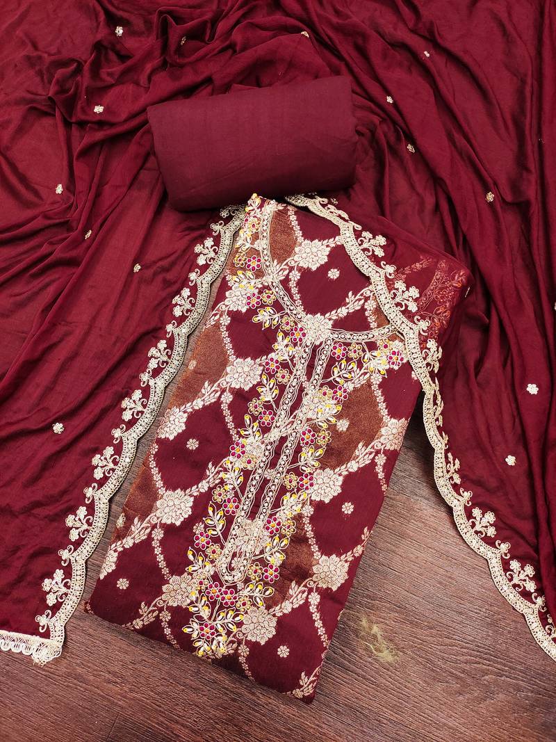 Maroon cotton silk woven unstitched dress material