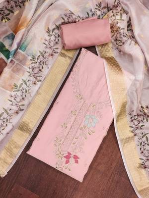 Peach cotton silk embroidered unstitched dress material 1