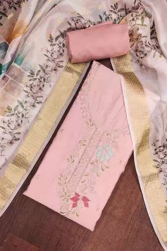 Peach cotton silk embroidered unstitched dress material