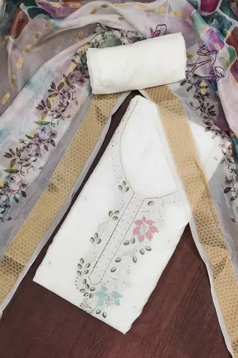 White cotton silk embroidered unstitched dress material