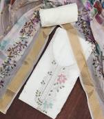 White cotton silk embroidered unstitched dress material