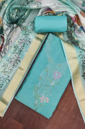 Turquoise cotton silk embroidered unstitched dress material