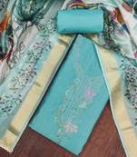 Turquoise cotton silk embroidered unstitched dress material
