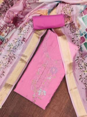 Pink cotton silk embroidered unstitched dress material 1