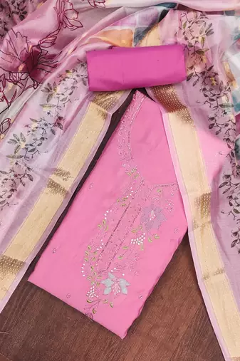 Pink cotton silk embroidered unstitched dress material