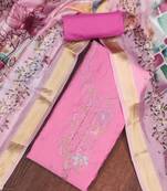 Pink cotton silk embroidered unstitched dress material