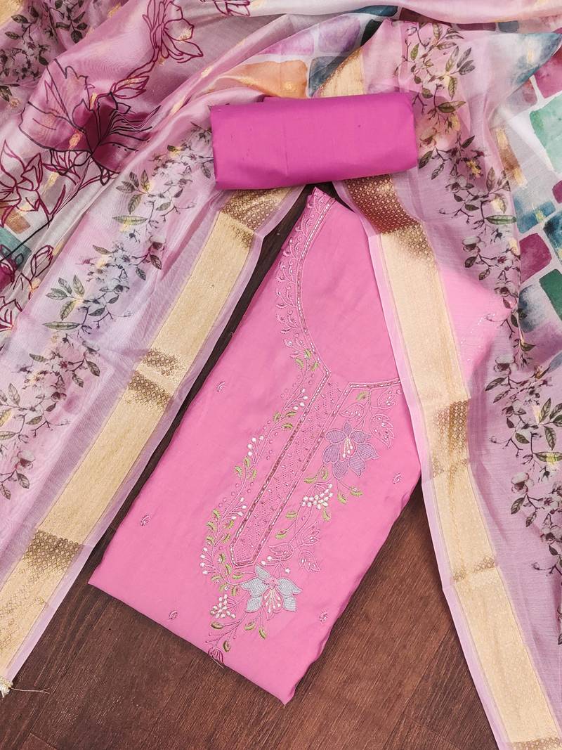 Pink cotton silk embroidered unstitched dress material