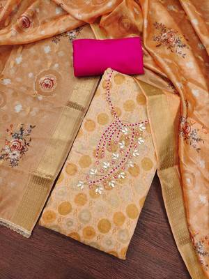 Peach premium jacquard embellished unstitched dress material 1