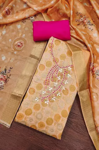 Peach premium jacquard embellished unstitched dress material