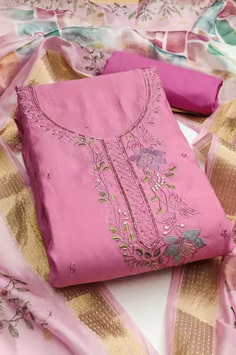 Pink cotton silk embroidered unstitched dress material