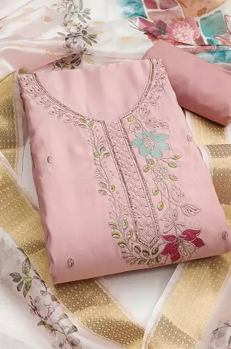 Peach cotton silk embroidered unstitched dress material