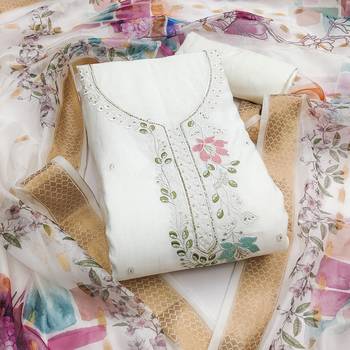 White cotton silk embroidered unstitched dress material 2