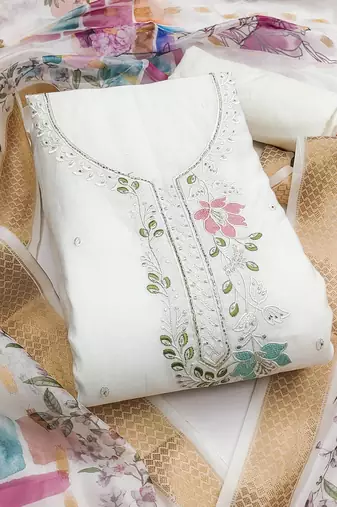 White cotton silk embroidered unstitched dress material