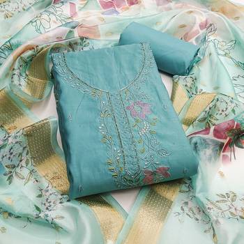 Turquoise cotton silk embroidered unstitched dress material 2