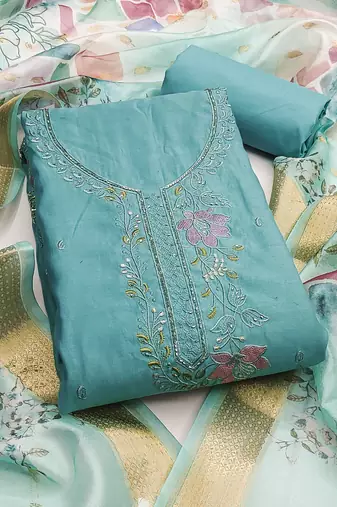 Turquoise cotton silk embroidered unstitched dress material