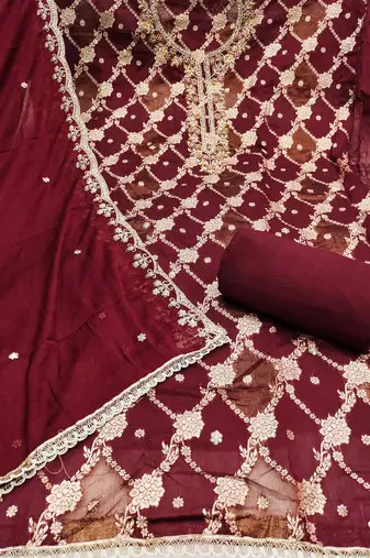 Maroon cotton silk woven unstitched dress material