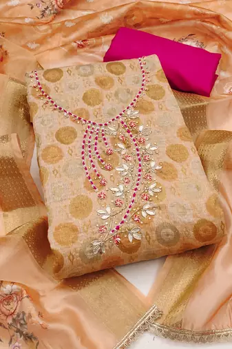 Peach premium jacquard embellished unstitched dress material
