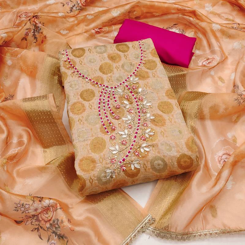 Peach premium jacquard embellished unstitched dress material