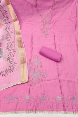 Pink cotton silk embroidered unstitched dress material 3