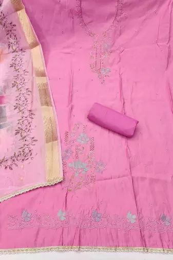 Pink cotton silk embroidered unstitched dress material
