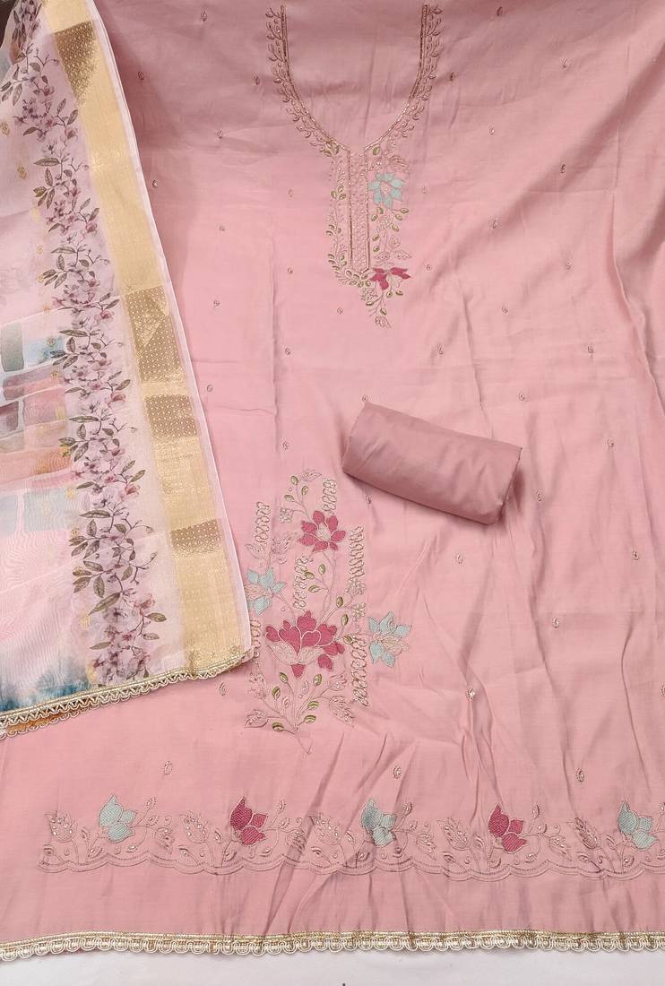 Peach cotton silk embroidered unstitched dress material