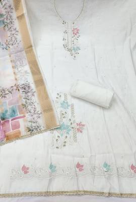 White cotton silk embroidered unstitched dress material 3