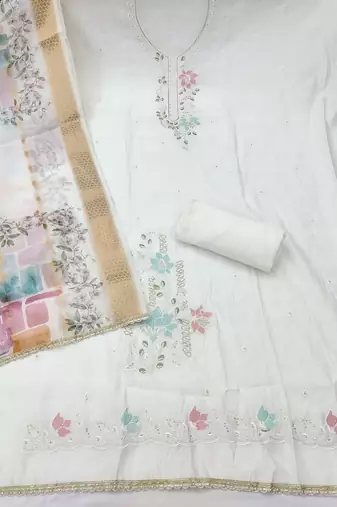 White cotton silk embroidered unstitched dress material